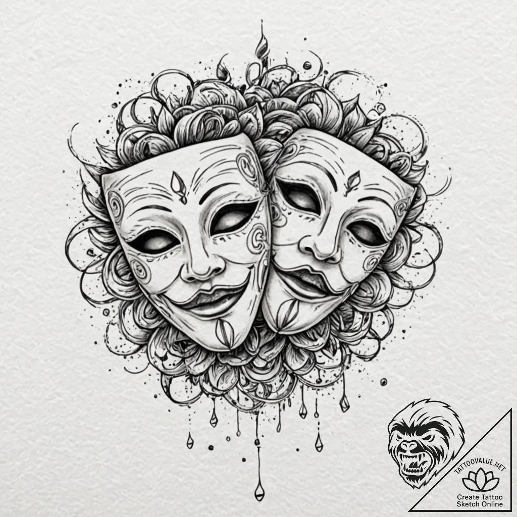 Theater masks, ink illustration for tattoo, f... - tattoo sketch (№1751269476_0, 30.06.2025 07:44) — tattoovalue.net