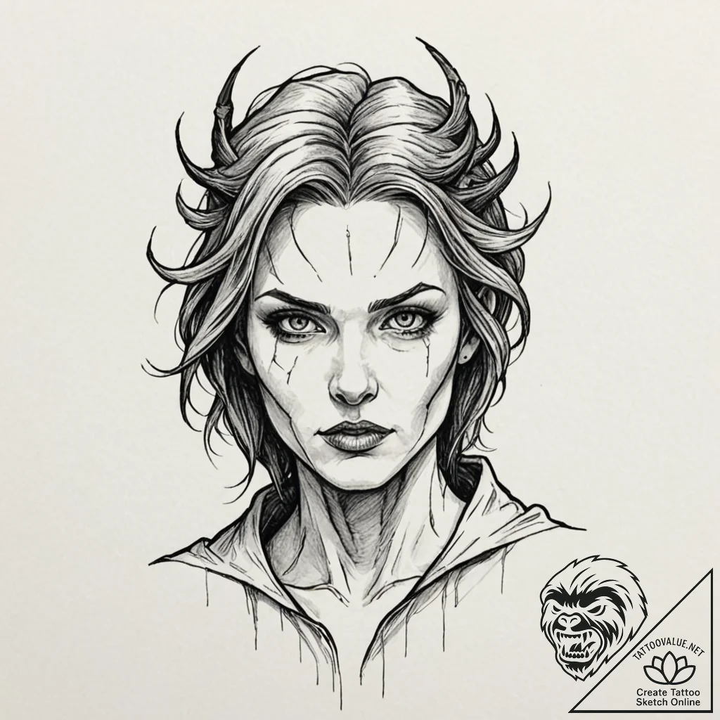 A graphic novel portrait of a terrifying noon... - tattoo sketch (№1751269894_0, 30.06.2025 07:51) — tattoovalue.net