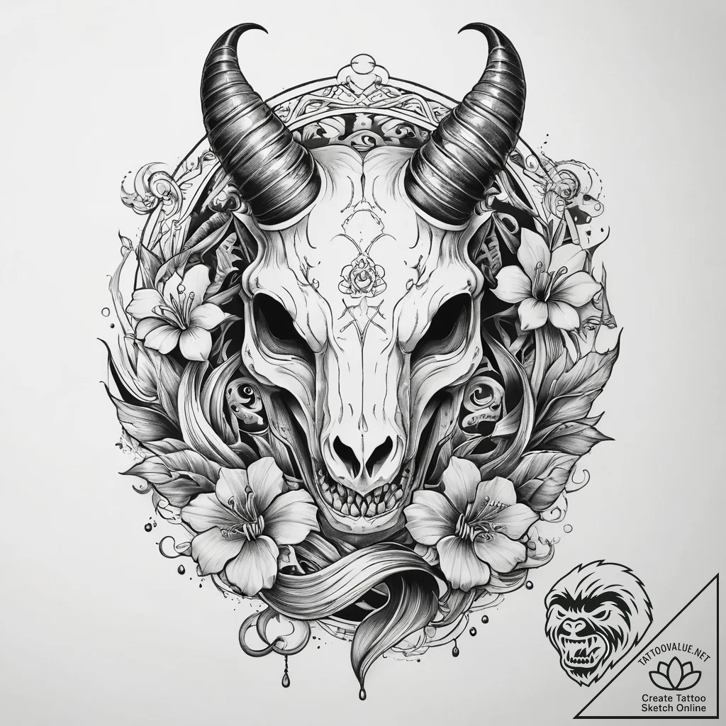 Goat skull, artistic tattoo sketch, black and... - tattoo sketch (№1751282742_0, 30.06.2025 11:25) — tattoovalue.net