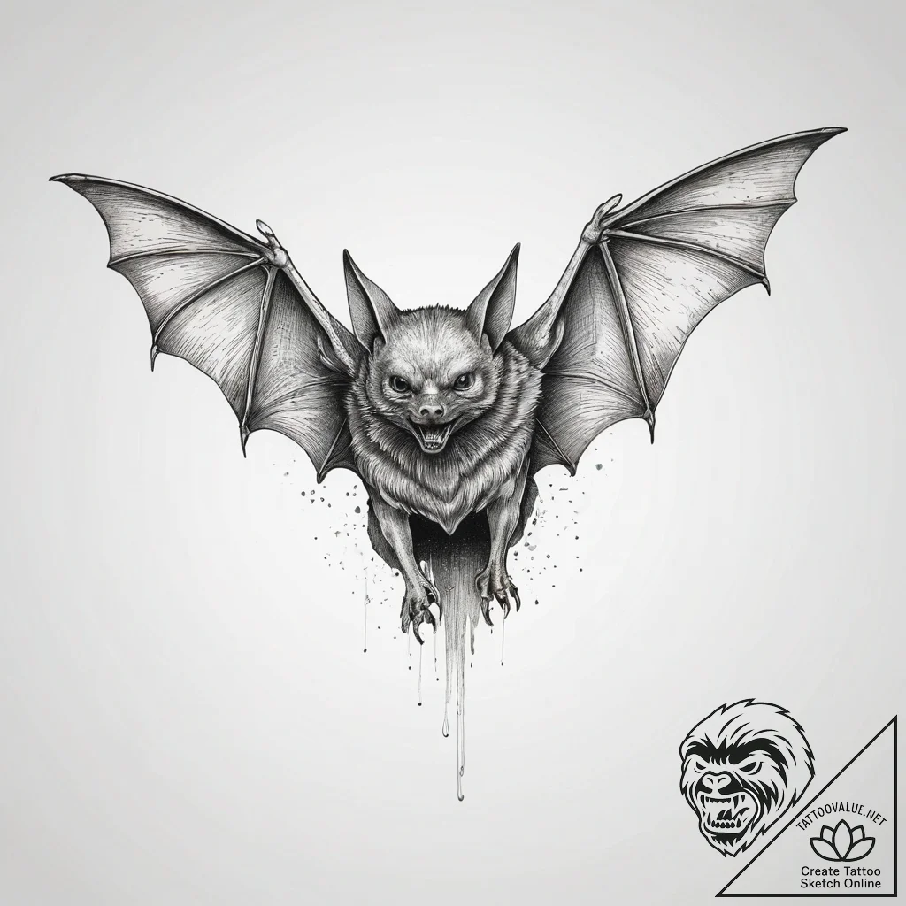 A linework tattoo of a vampire bat in flight,... - tattoo sketch (№1751282820_0, 30.06.2025 11:27) — tattoovalue.net