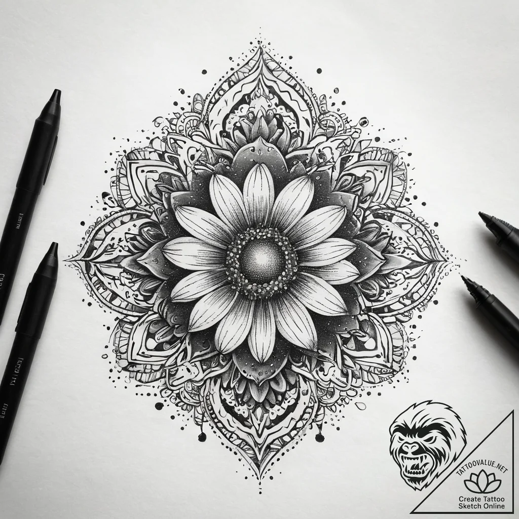 Chamomile, artistic tattoo sketch, dotwork sh... - tattoo sketch (№1751285754_0, 30.06.2025 12:15) — tattoovalue.net