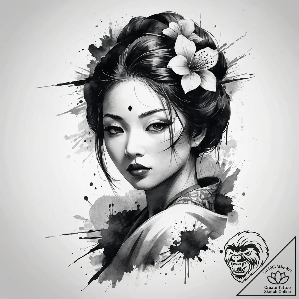 A sketch of the geisha hologram advertisement... - tattoo sketch (№1751286391_0, 30.06.2025 12:26) — tattoovalue.net