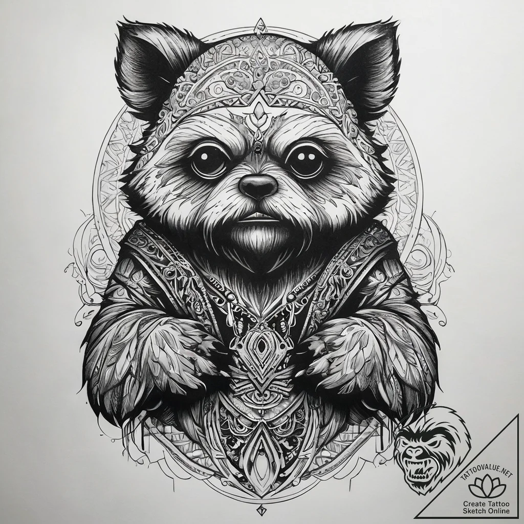 Neo-traditional tattoo of an ewok, fierce but... - tattoo sketch (№1751286952_0, 30.06.2025 12:35) — tattoovalue.net