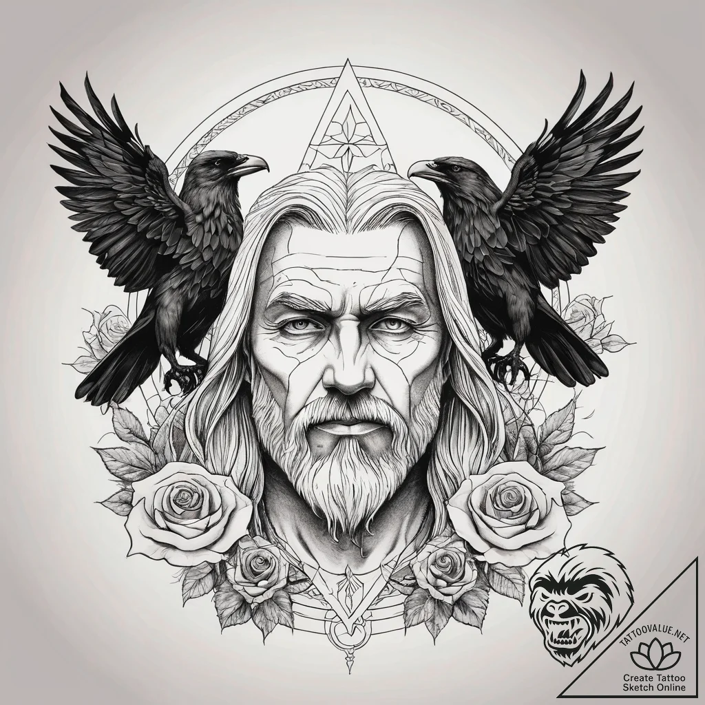 A graphic novel portrait of odin with his two... - tattoo sketch (№1751289269_0, 30.06.2025 13:14) — tattoovalue.net