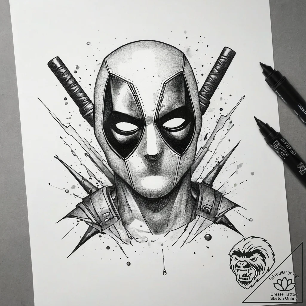 A neo-traditional tattoo of deadpool, breakin... - tattoo sketch (№1751289666_0, 30.06.2025 13:21) — tattoovalue.net