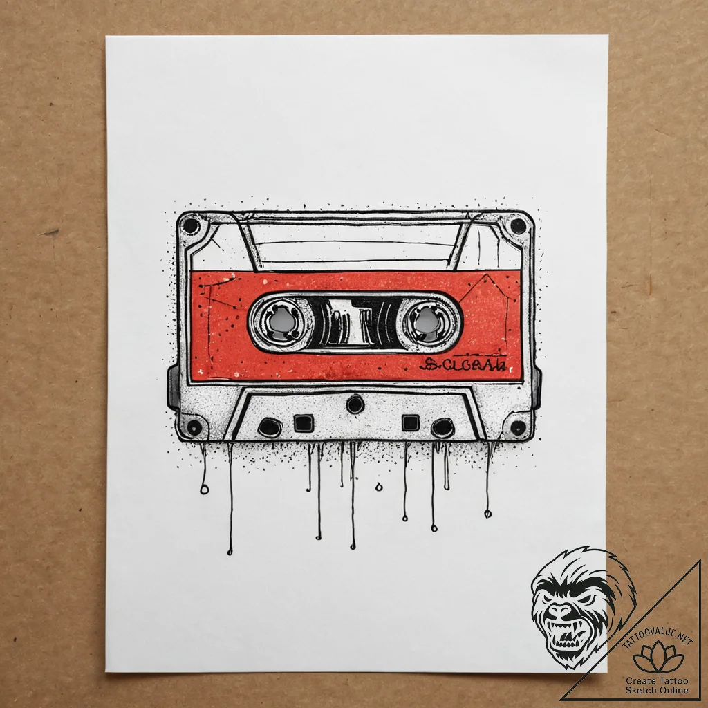 A neo-traditional tattoo of a cassette tape l... - tattoo sketch (№1751292386_0, 30.06.2025 14:06) — tattoovalue.net