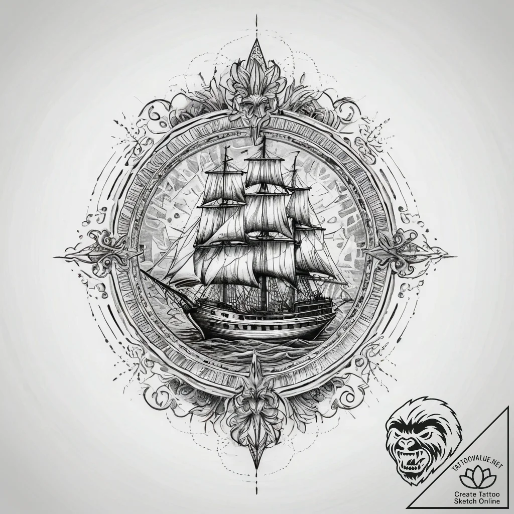 Frigate, artistic tattoo sketch, aestheticall... - tattoo sketch (№1751292781_0, 30.06.2025 14:13) — tattoovalue.net