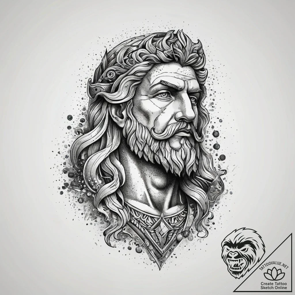 Poseidon, concept art for tattoo, subtle drop... - tattoo sketch (№1751293656_0, 30.06.2025 14:27) — tattoovalue.net
