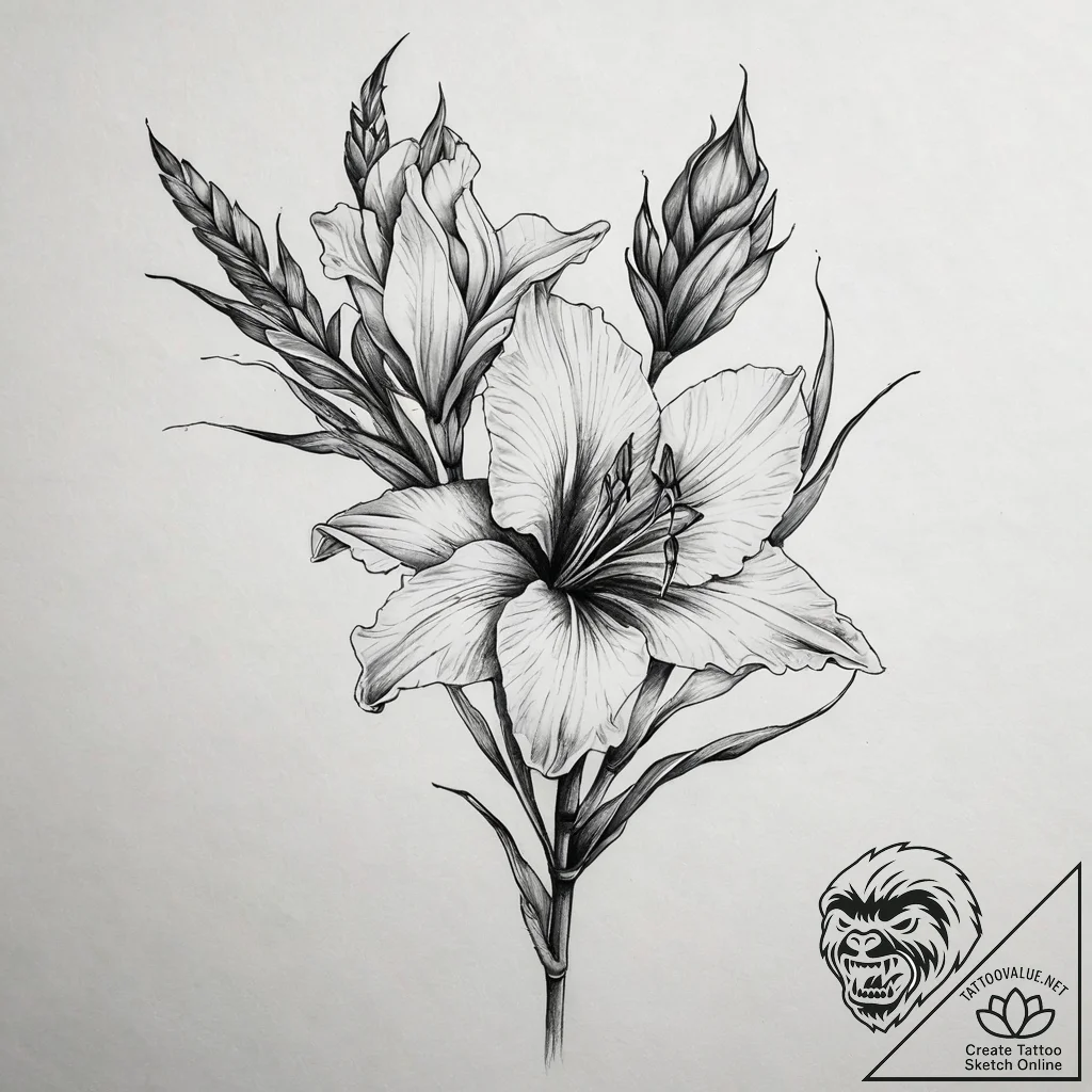 Gladiolus, tattoo drawing outline, realistic... - tattoo sketch (№1751293895_0, 30.06.2025 14:31) — tattoovalue.net