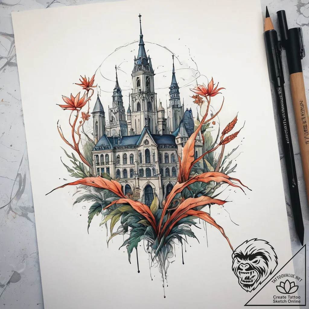 A watercolor sketch of a city overgrown with... - tattoo sketch (№1751294941_0, 30.06.2025 14:49) — tattoovalue.net
