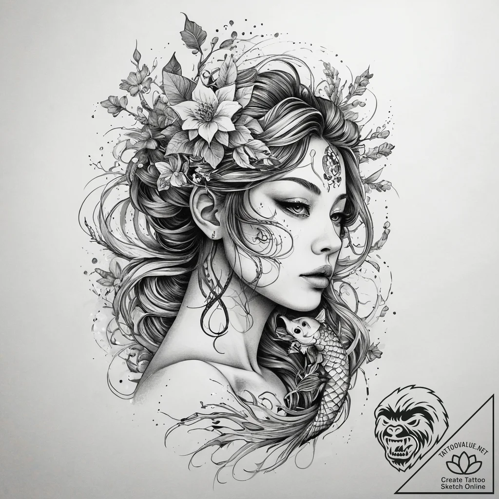 Dryad or tree nymph, tattoo line art, profess... - tattoo sketch (№1751295754_0, 30.06.2025 15:02) — tattoovalue.net