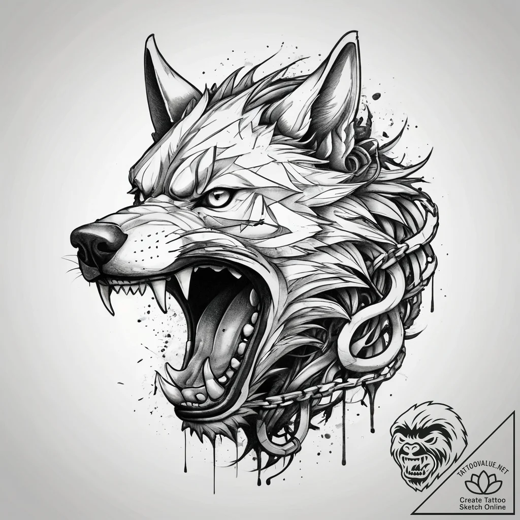 Fenrir breaking his chains, tattoo line art,... - tattoo sketch (№1751296575_0, 30.06.2025 15:16) — tattoovalue.net