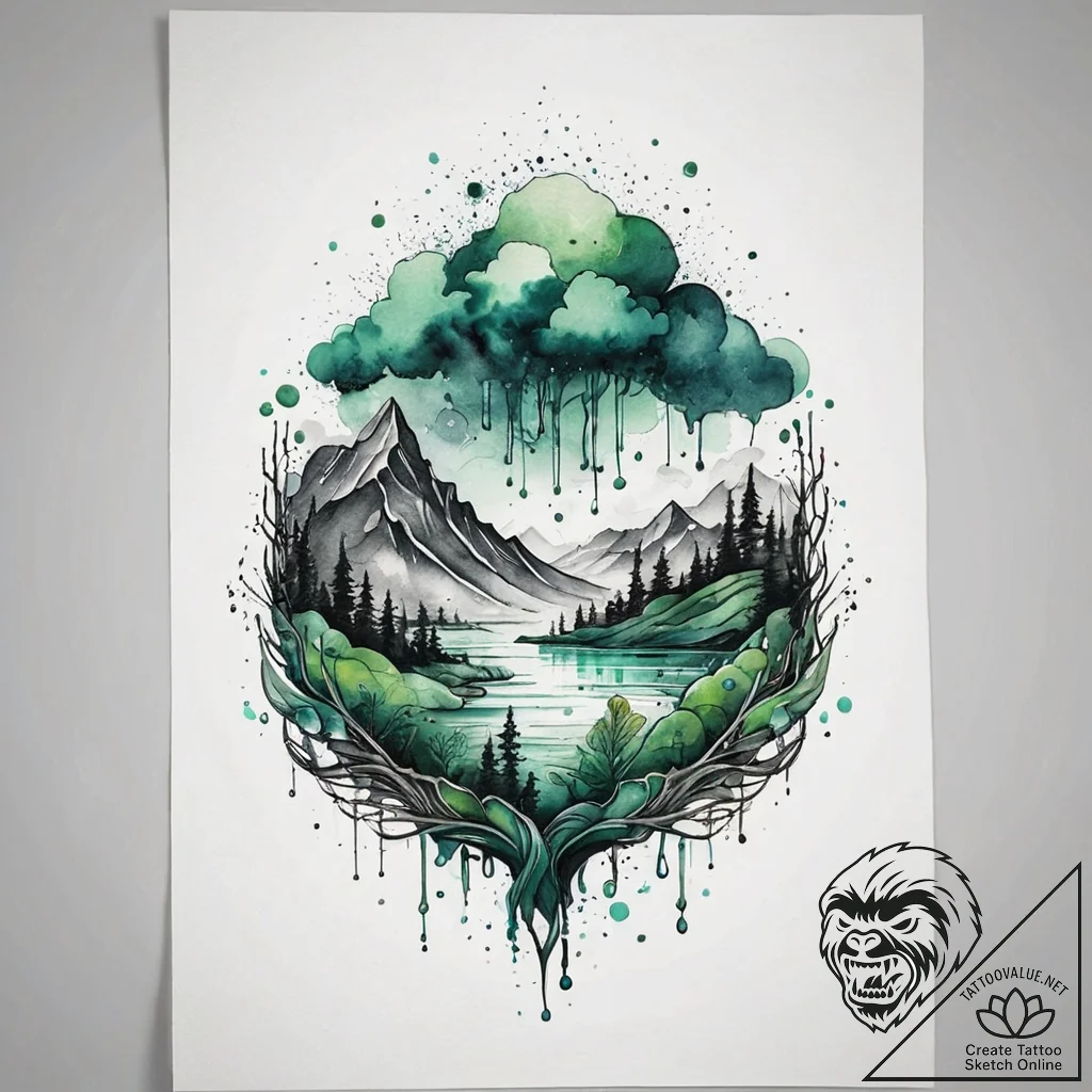 A watercolor sketch of the green code rain fo... - tattoo sketch (№1751296653_0, 30.06.2025 15:17) — tattoovalue.net