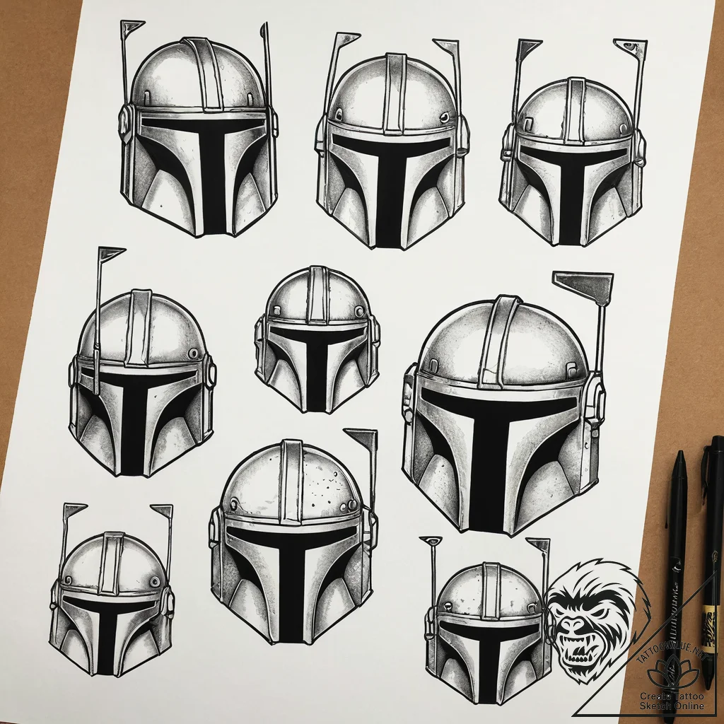 A "flash sheet" of mandalorian helmets: boba... - tattoo sketch (№1751297842_0, 30.06.2025 15:37) — tattoovalue.net