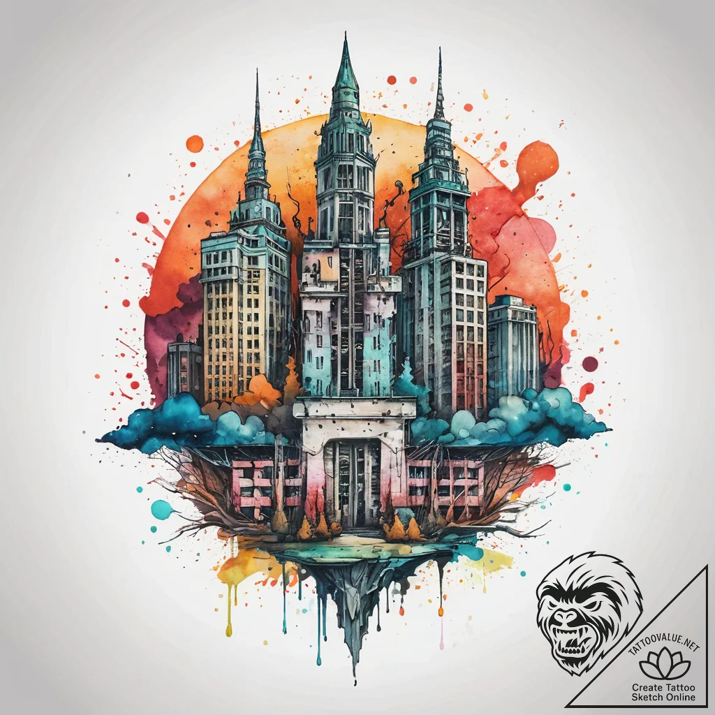A watercolor sketch of the eerie, empty city... - tattoo sketch (№1751298244_0, 30.06.2025 15:44) — tattoovalue.net