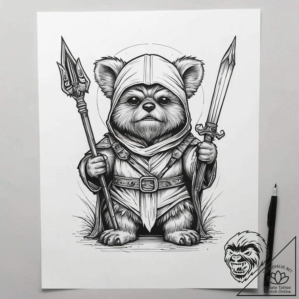 Neo-traditional tattoo of wicket the ewok hol... - tattoo sketch (№1751299221_0, 30.06.2025 16:00) — tattoovalue.net