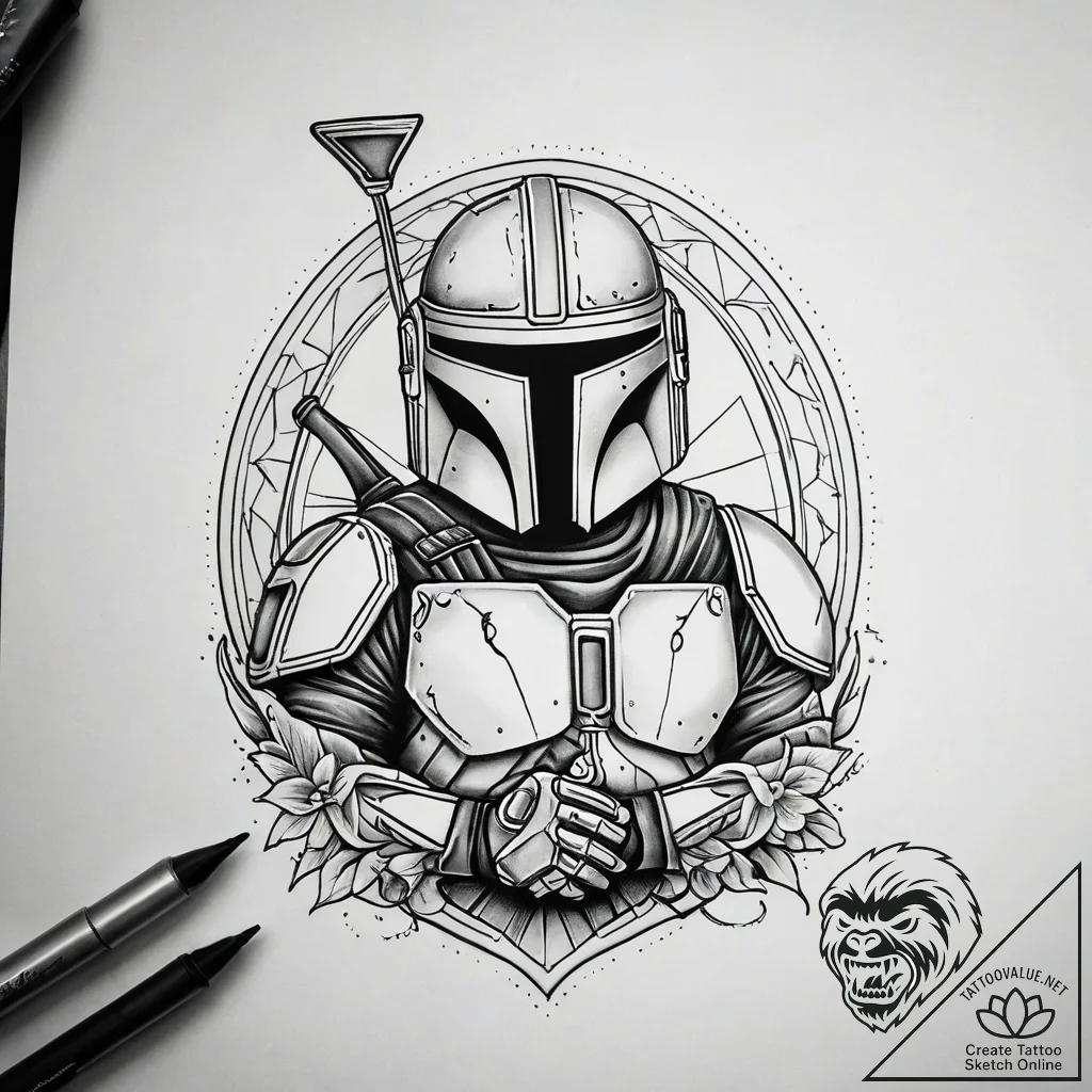 10. linework tattoo design of the mandalorian... - tattoo sketch (№1751300306_0, 30.06.2025 16:18) — tattoovalue.net
