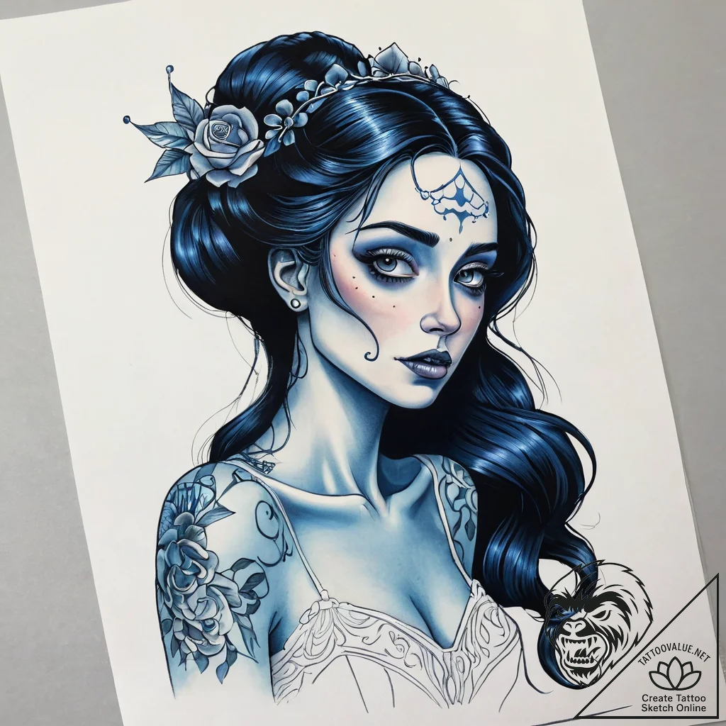 A neo-traditional tattoo of the corpse bride,... - tattoo sketch (№1751300942_0, 30.06.2025 16:29) — tattoovalue.net