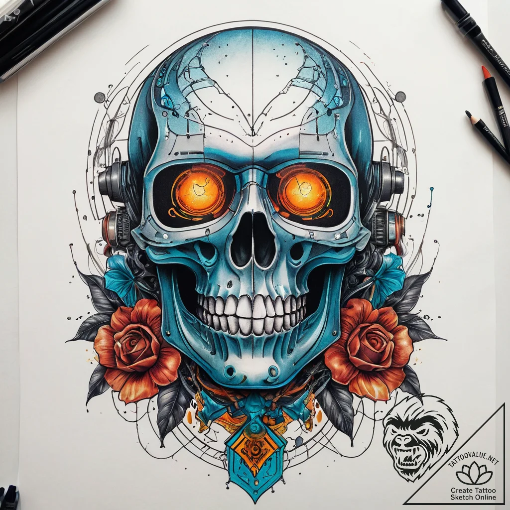 A skull with a glowing cyberpunk visor, tatto... - tattoo sketch (№1751301026_0, 30.06.2025 16:30) — tattoovalue.net