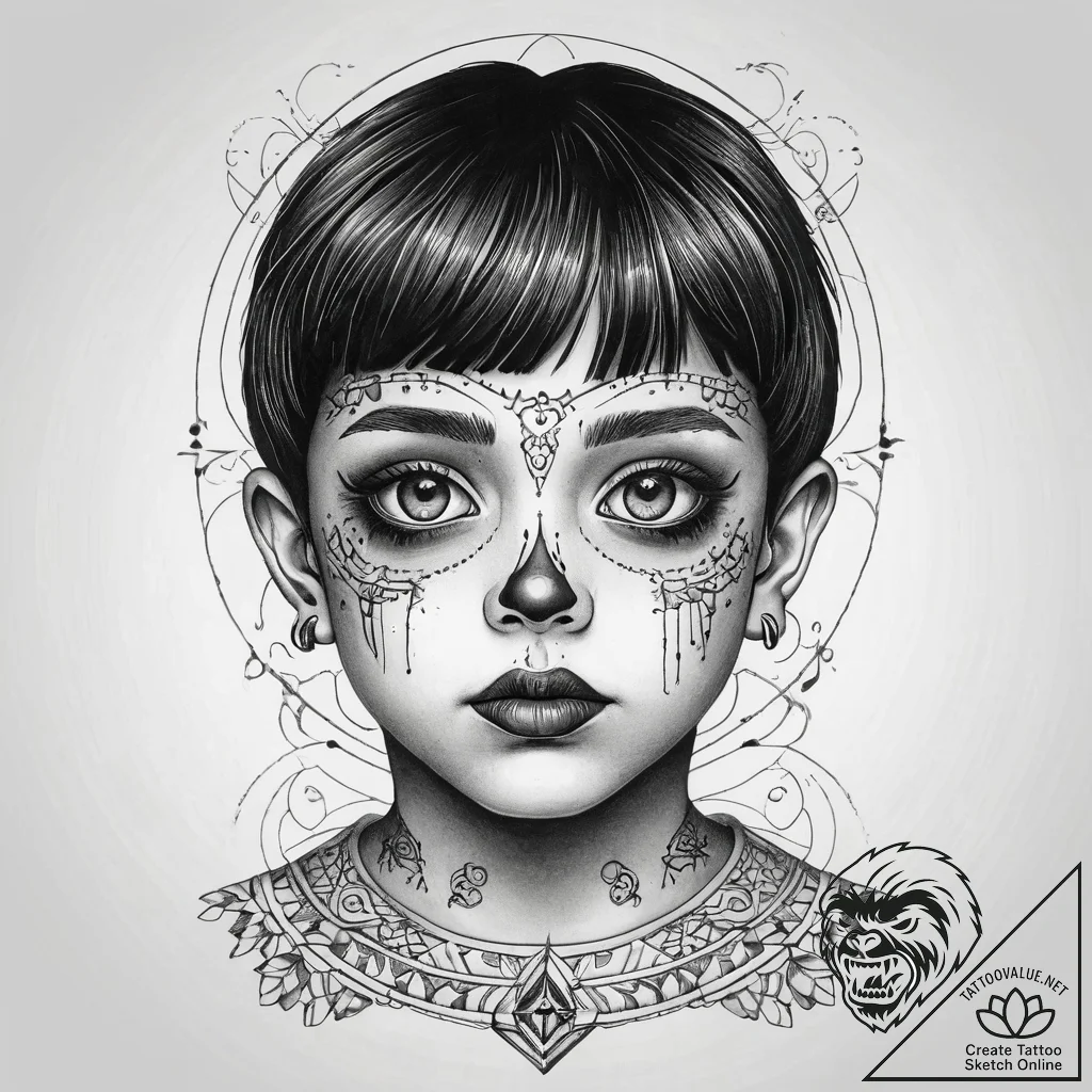 A neo-traditional tattoo of the creepy childr... - tattoo sketch (№1751303811_0, 30.06.2025 17:16) — tattoovalue.net