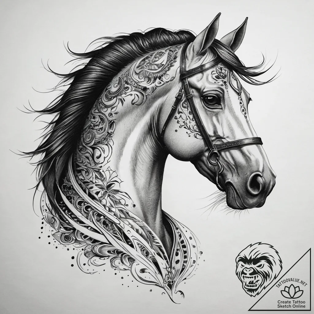 Horse, tattoo line art, black and white sketc... - tattoo sketch (№1751307243_0, 30.06.2025 18:14) — tattoovalue.net