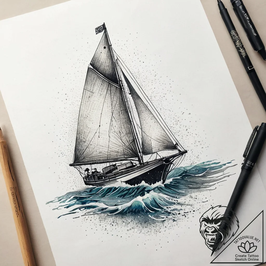 A watercolor sketch of the boat sailing away... - tattoo sketch (№1751307400_0, 30.06.2025 18:16) — tattoovalue.net