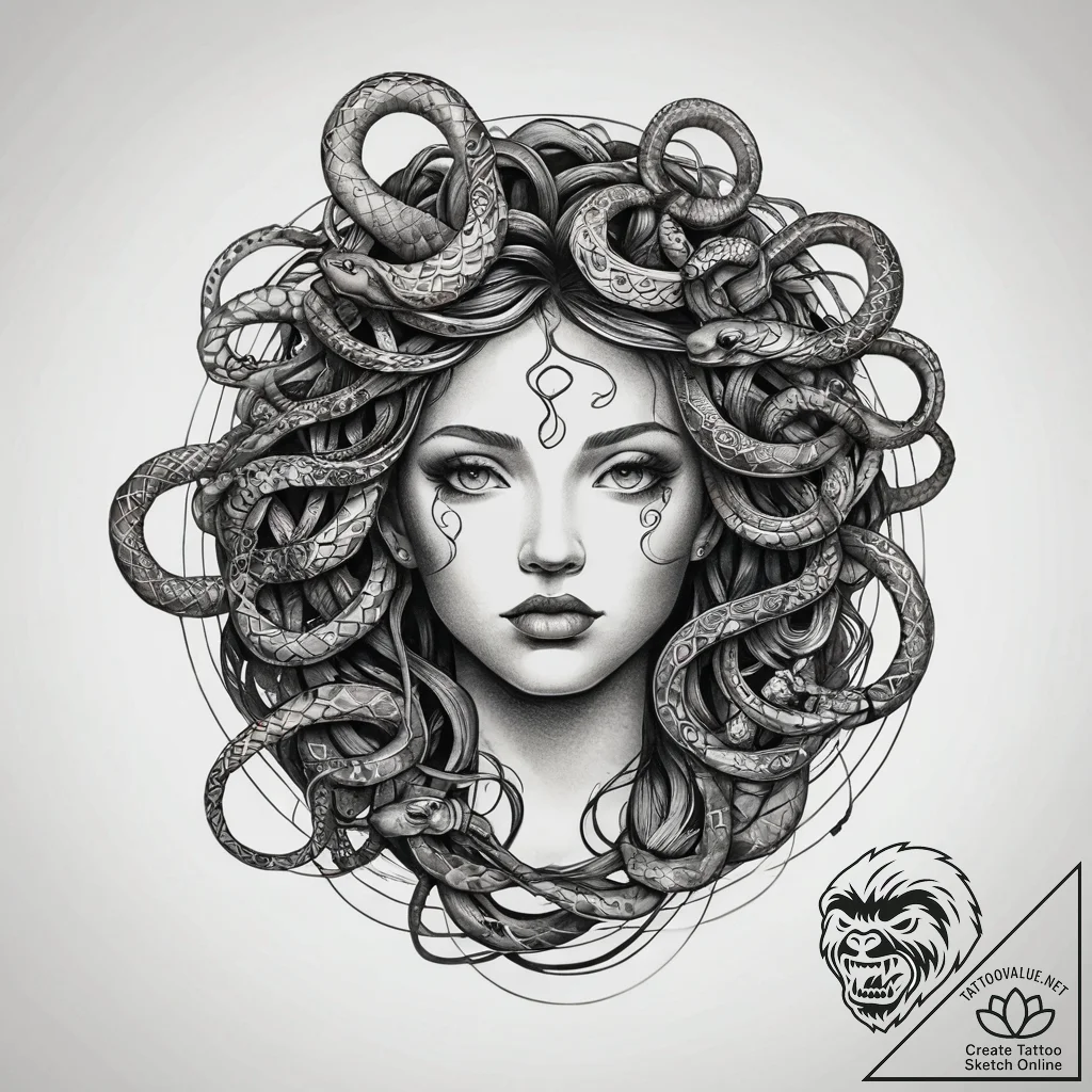Medusa with snakes made of wires, ink illustr... - tattoo sketch (№1751308433_0, 30.06.2025 18:33) — tattoovalue.net