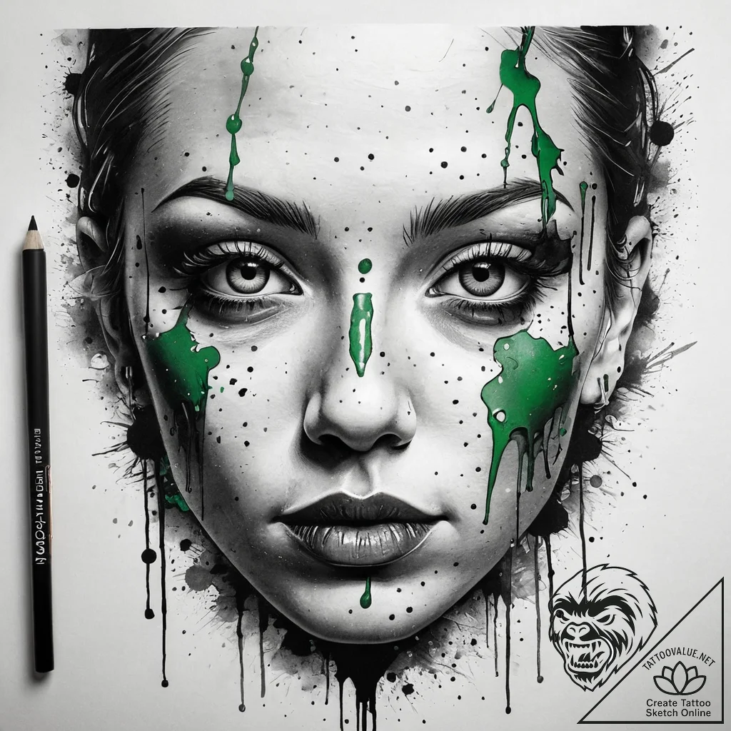 A trash polka face of neo, with green code dr... - tattoo sketch (№1751308749_0, 30.06.2025 18:39) — tattoovalue.net