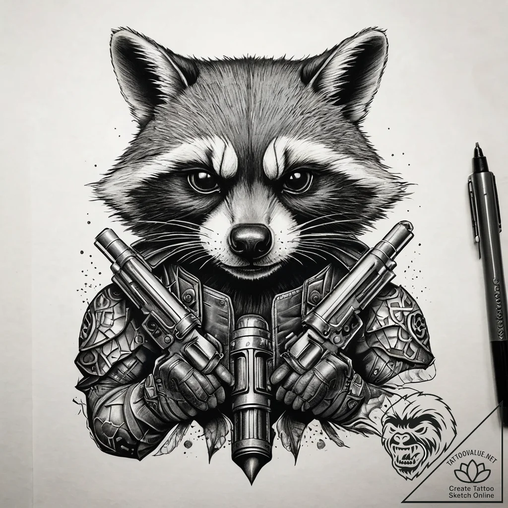 A graphic novel portrait of rocket raccoon, w... - tattoo sketch (№1751309386_0, 30.06.2025 18:49) — tattoovalue.net