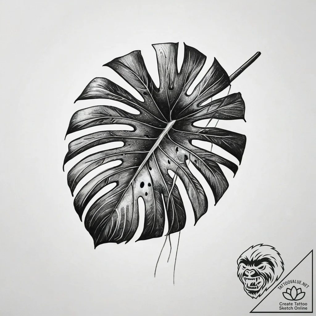 A monstera leaf, tattoo line art, minimalist... - tattoo sketch (№1751310186_0, 30.06.2025 19:03) — tattoovalue.net