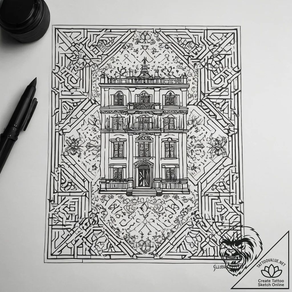 A linework tattoo of the overlook hotel carpe... - tattoo sketch (№1751310583_0, 30.06.2025 19:09) — tattoovalue.net