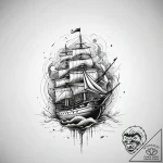 Ship, tattoo line art, bold outlines, thick l… – tattoo sketch (№1751313600_0, 30.06.2025 20:00) — tattoovalue.net