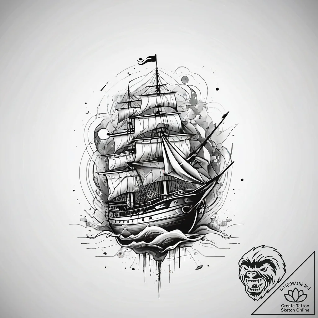 Ship, tattoo line art, bold outlines, thick l... - tattoo sketch (№1751313600_0, 30.06.2025 20:00) — tattoovalue.net