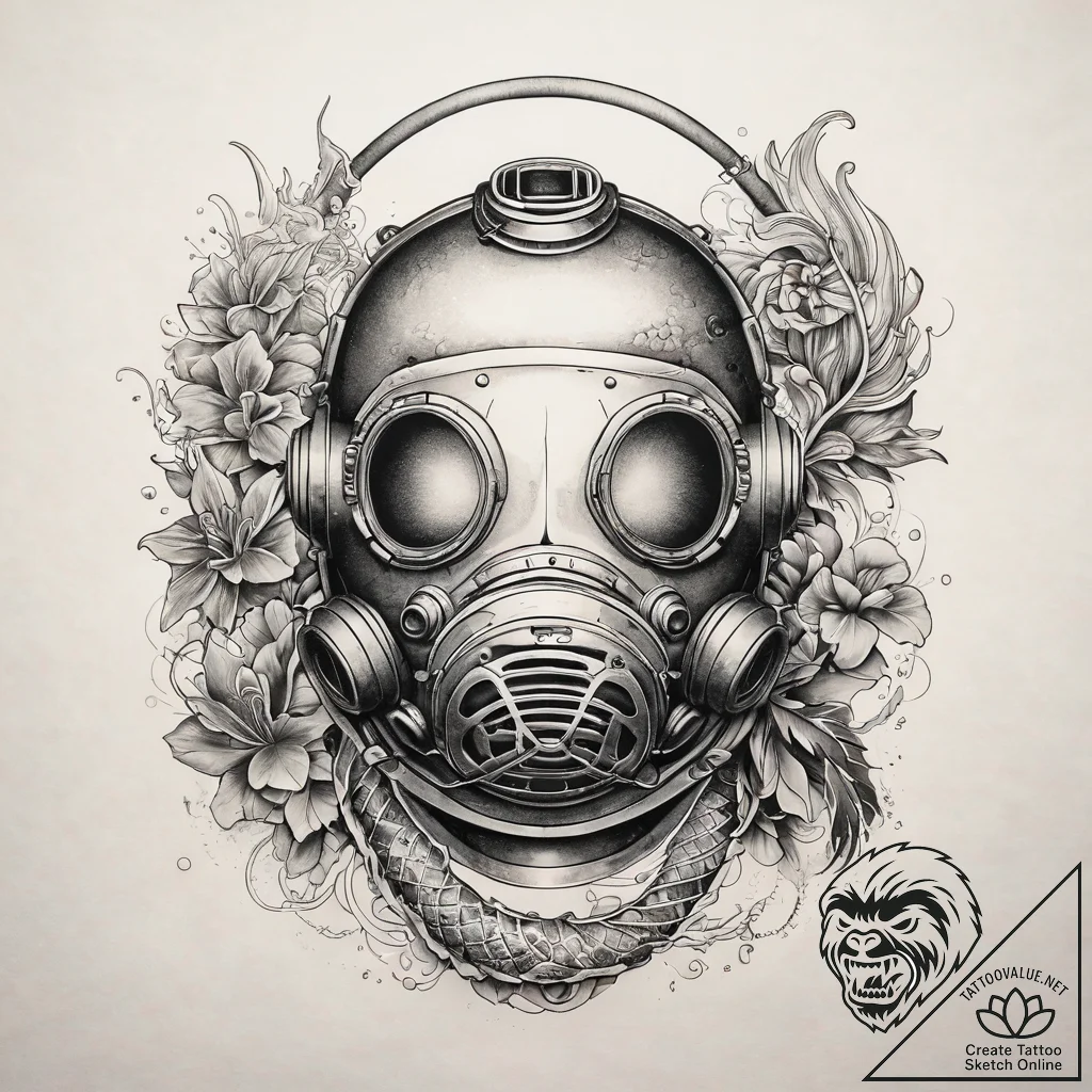 An old diving helmet overgrown with coral, co... - tattoo sketch (№1751314157_0, 30.06.2025 20:09) — tattoovalue.net