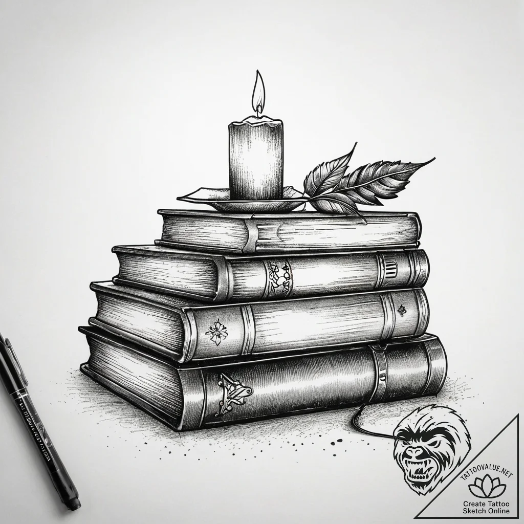 A stack of old books with a lit candle on top... - tattoo sketch (№1751317421_0, 30.06.2025 21:03) — tattoovalue.net
