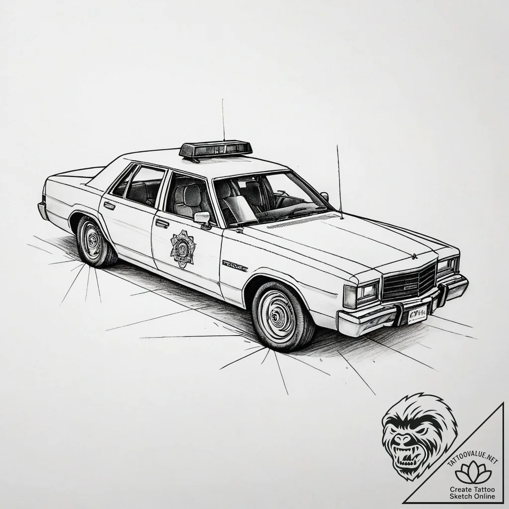 A tattoo of the "spinner" police car, detaile... - tattoo sketch (№1751317582_0, 30.06.2025 21:06) — tattoovalue.net