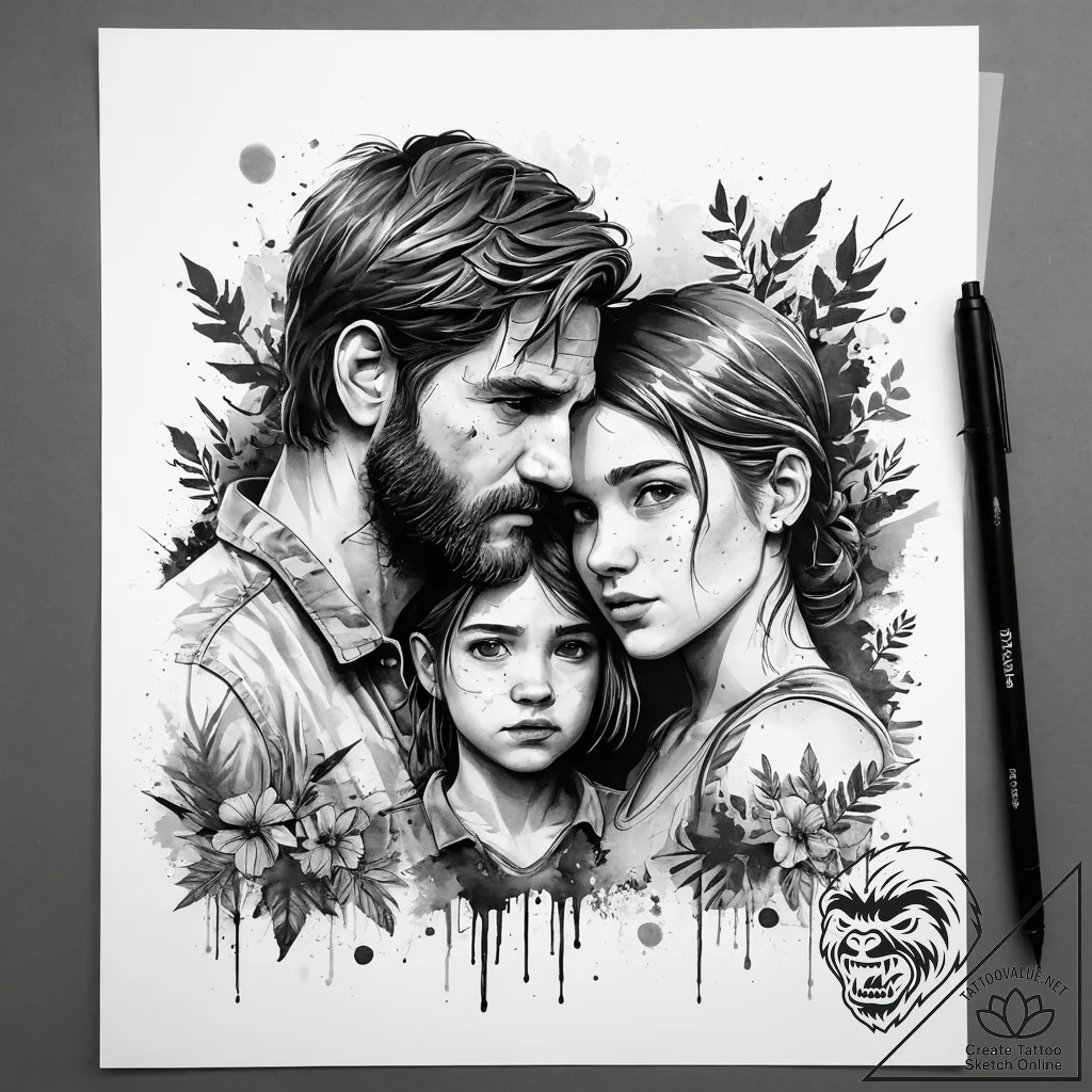 A watercolor sketch of ellie and joel from th... - tattoo sketch (№1751318299_0, 30.06.2025 21:18) — tattoovalue.net