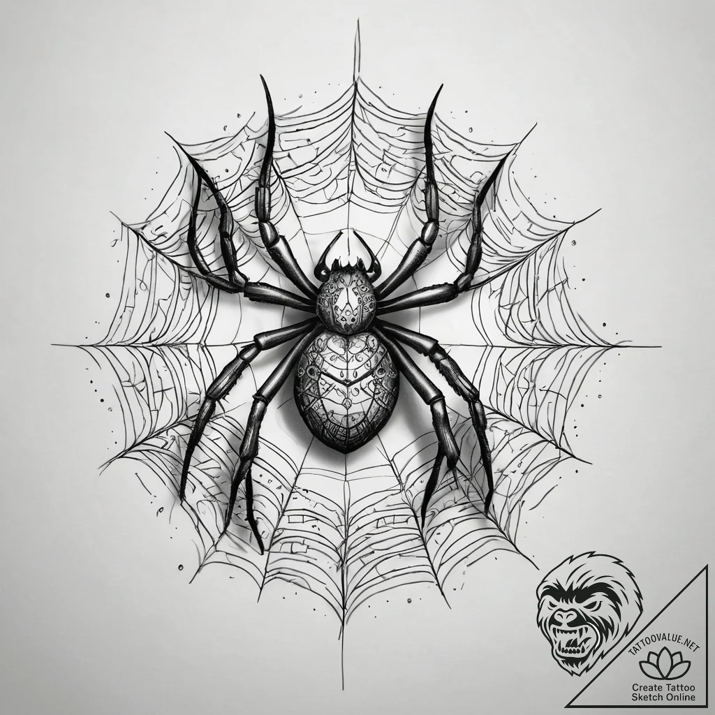 A spider in an ornate web on a mirror, ink il... - tattoo sketch (№1751318377_0, 30.06.2025 21:19) — tattoovalue.net