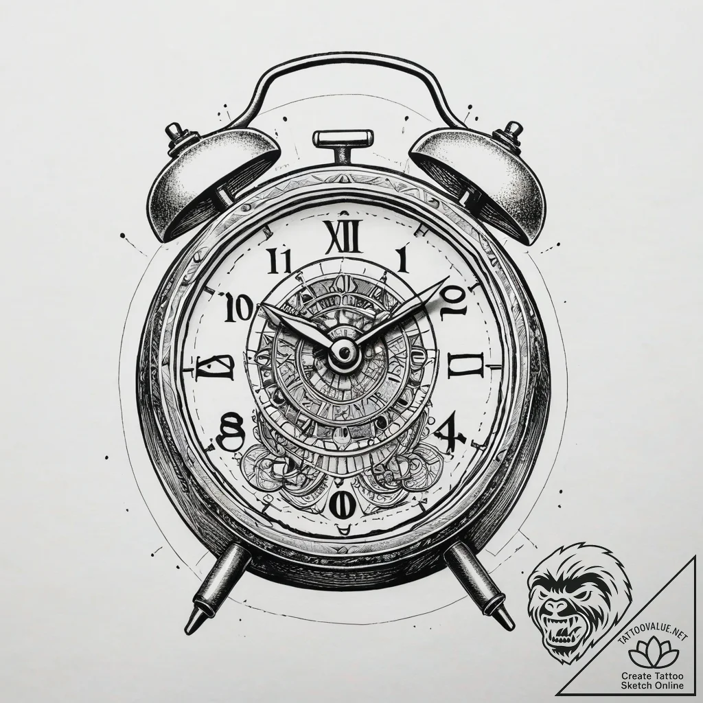 A linework tattoo of the alarm clock from gro... - tattoo sketch (№1751318694_0, 30.06.2025 21:24) — tattoovalue.net