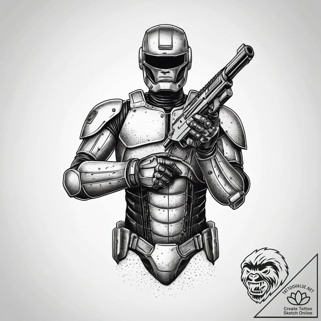 A graphic novel style tattoo of robocop with... - tattoo sketch (№1751318772_0, 30.06.2025 21:26) — tattoovalue.net