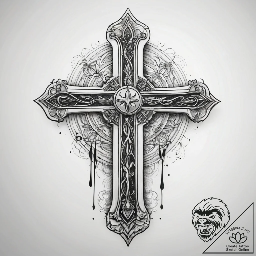 Cross, artistic tattoo sketch, black and whit... - tattoo sketch (№1751319331_0, 30.06.2025 21:35) — tattoovalue.net