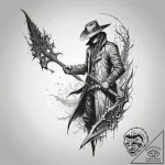 A hunter from bloodborne with saw cleaver, ta… – tattoo sketch (№1751319494_0, 30.06.2025 21:38) — tattoovalue.net