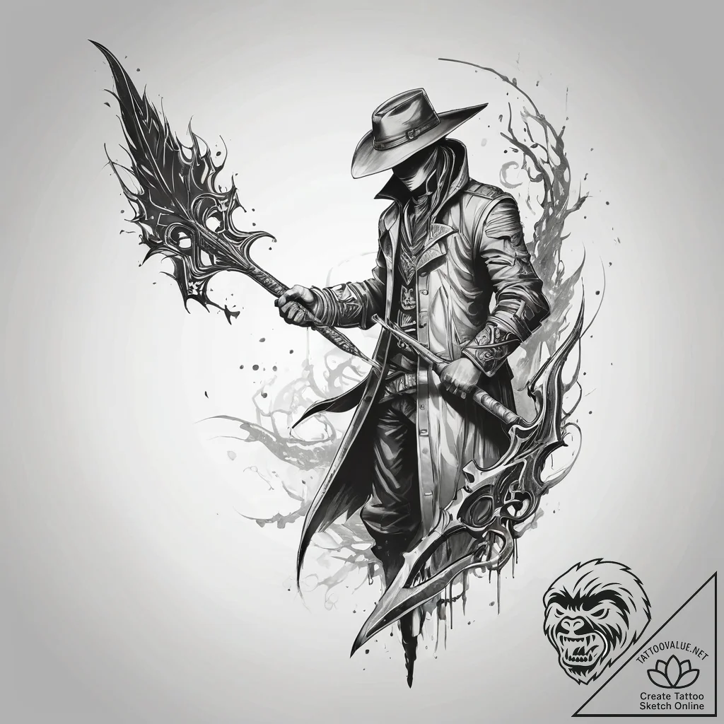 A hunter from bloodborne with saw cleaver, ta... - tattoo sketch (№1751319494_0, 30.06.2025 21:38) — tattoovalue.net