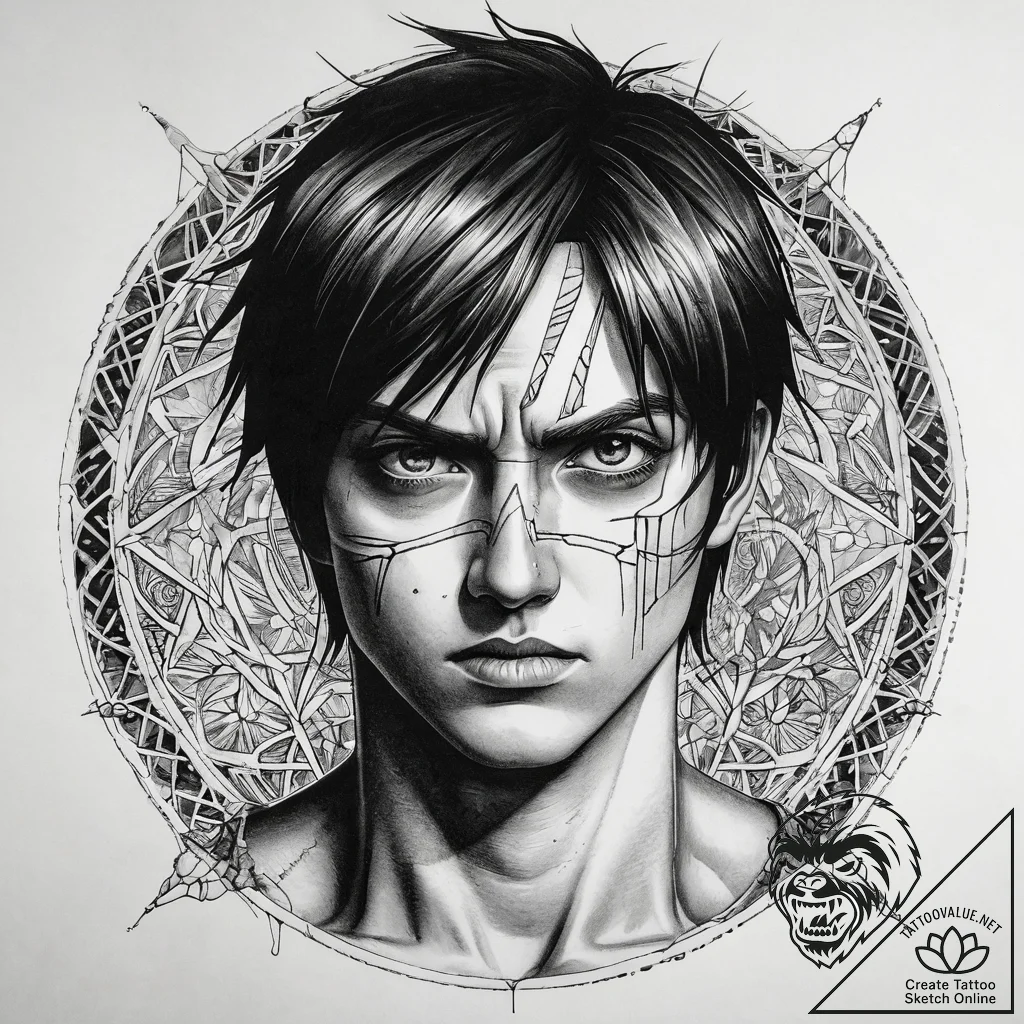 A graphic novel panel of eren yeager in his a... - tattoo sketch (№1751319968_0, 30.06.2025 21:46) — tattoovalue.net
