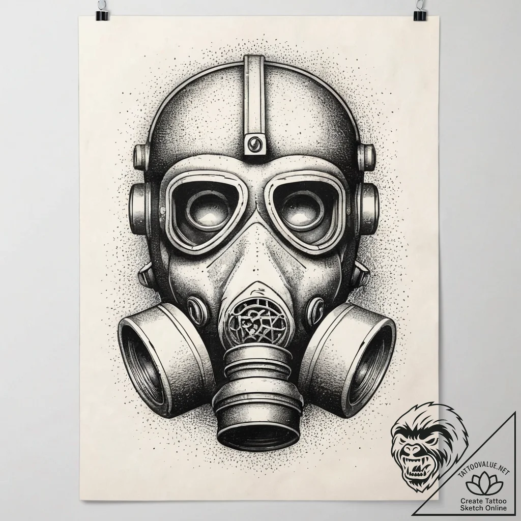 Gas mask, tattoo flash sheet design, dotwork... - tattoo sketch (№1751320140_0, 30.06.2025 21:49) — tattoovalue.net