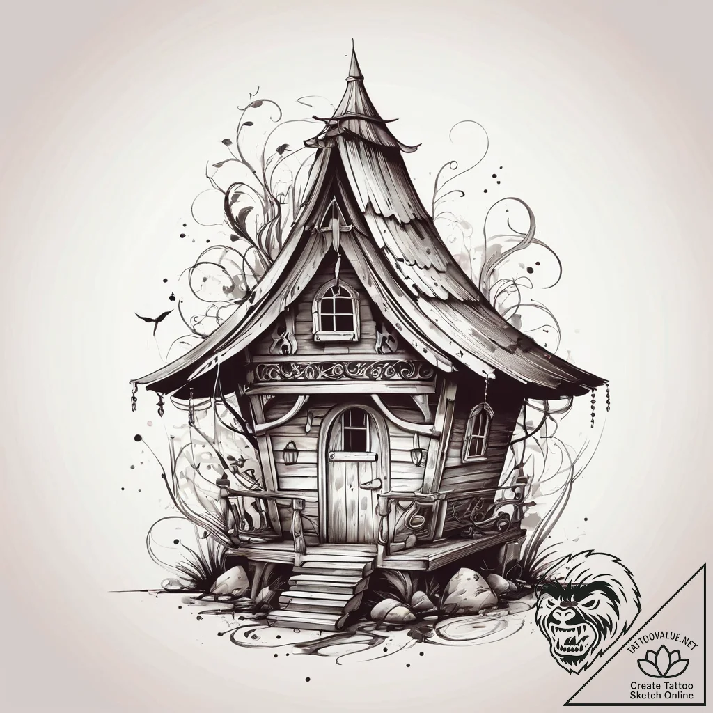 Baba yaga's hut on chicken legs, ink illustra... - tattoo sketch (№1751320224_0, 30.06.2025 21:50) — tattoovalue.net