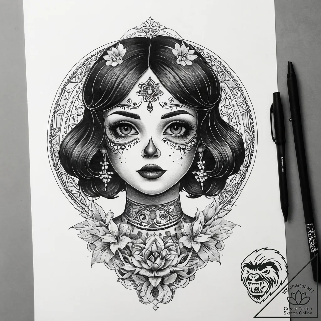 A neo-traditional tattoo of the annabelle dol... - tattoo sketch (№1751321820_0, 30.06.2025 22:17) — tattoovalue.net