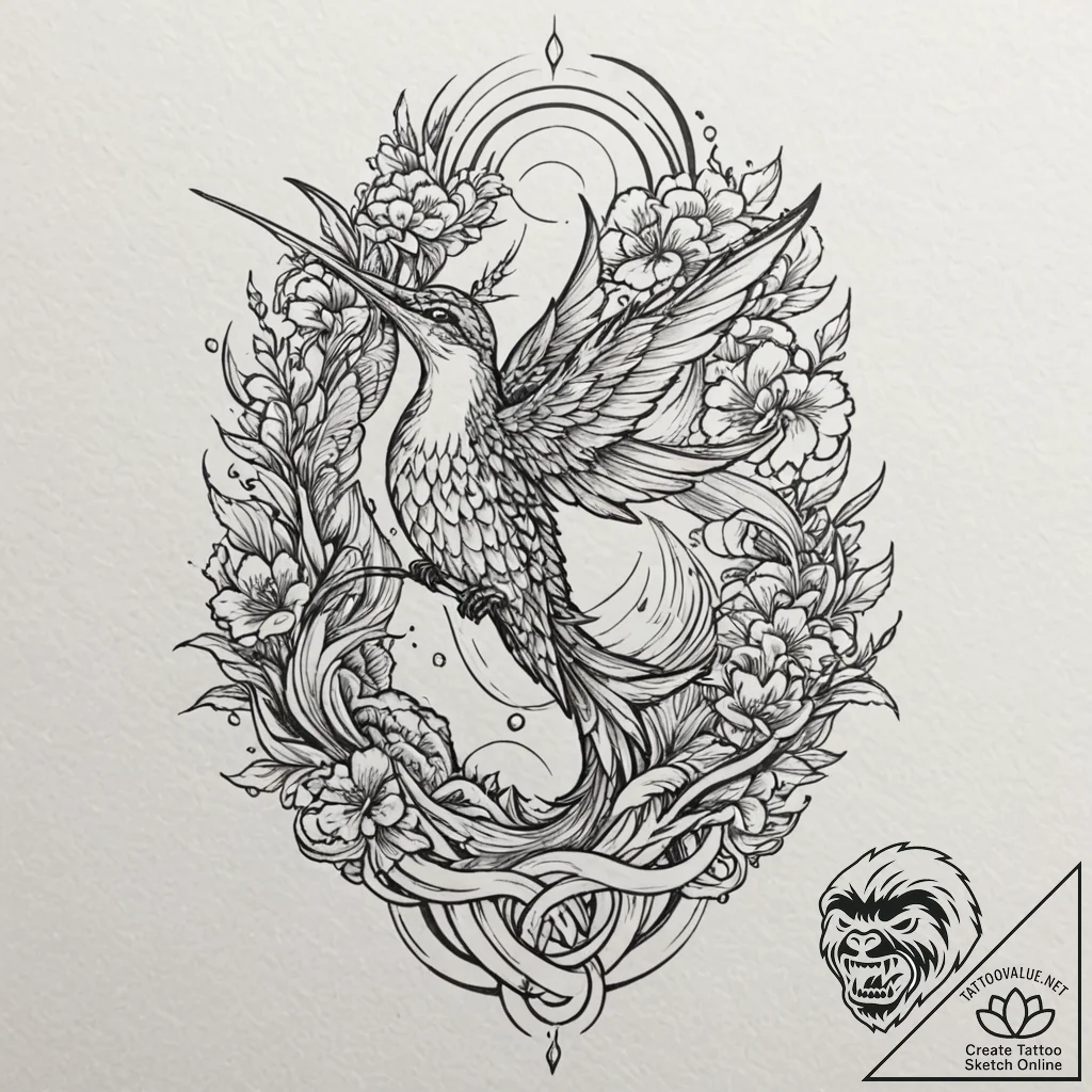 Hummingbird, artistic tattoo sketch, vibrant... - tattoo sketch (№1751323136_0, 30.06.2025 22:38) — tattoovalue.net