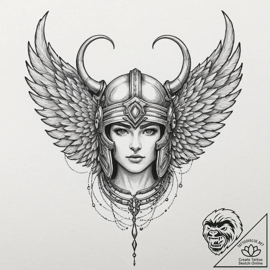 A linework design of a valkyrie's helmet, wit... - tattoo sketch (№1751325343_0, 30.06.2025 23:15) — tattoovalue.net
