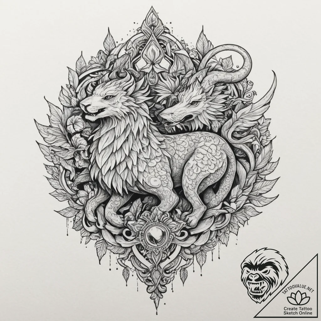 Chimera, tattoo flash sheet design, aesthetic... - tattoo sketch (№1751326955_0, 30.06.2025 23:42) — tattoovalue.net